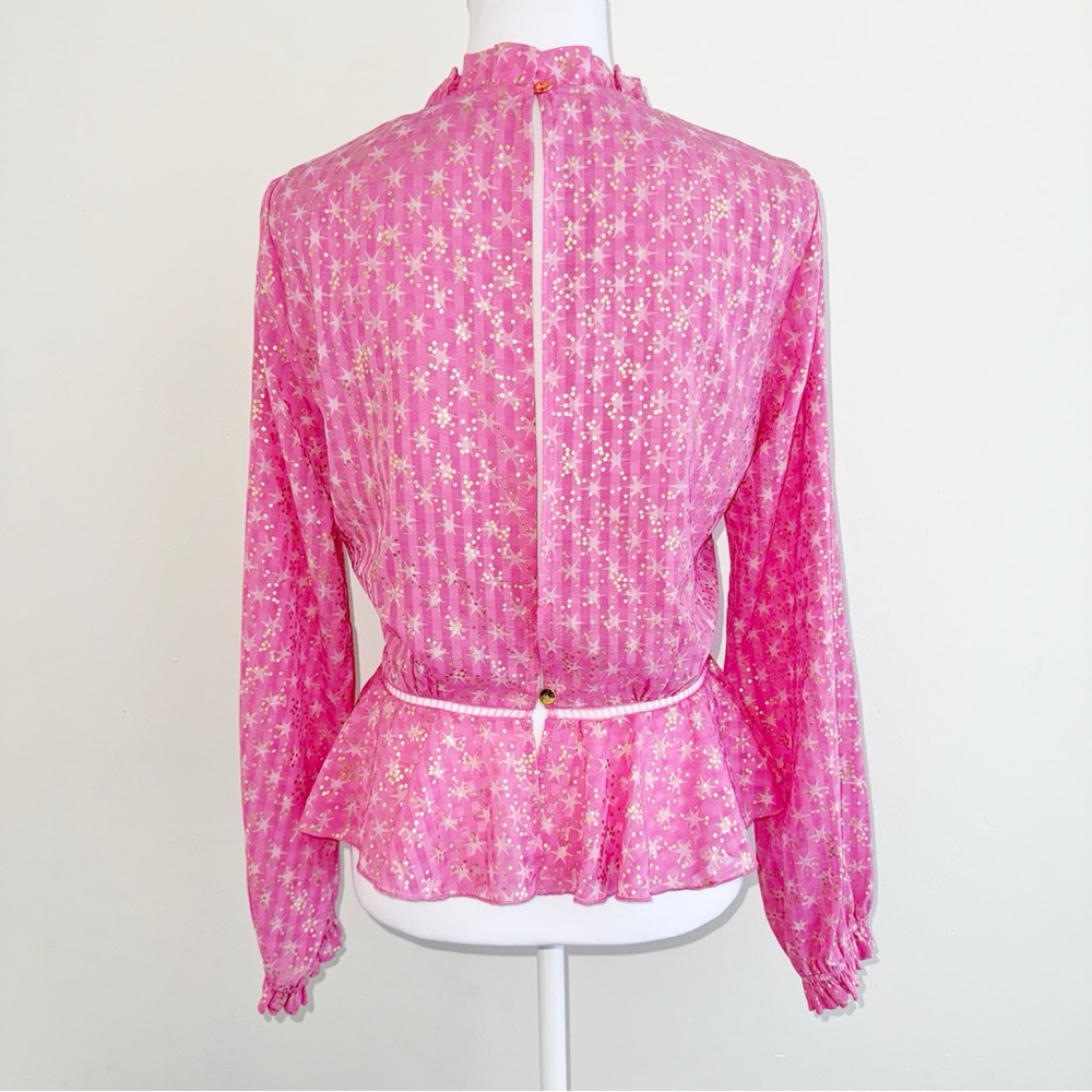 STINE GOYA PINK GOLD STAR PRINT SHIRLEY BACK SLIT OPENING RUFFLE PEPLUM TOP - Picture 2 of 13